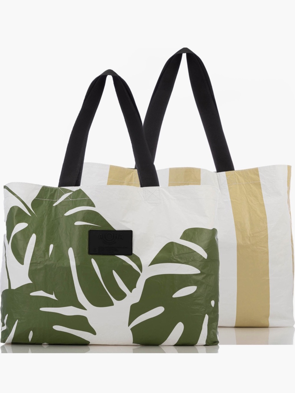 Aloha Green Leaf Print Tote Bag with Black Handles